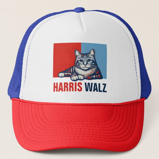 Harris Walz 2024 Obviously Red Blue Cat Trucker Hat (Front)