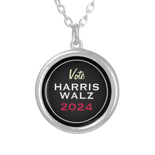 Harris Walz 2024 Red White Black Campaign Silver Plated Necklace (Front)