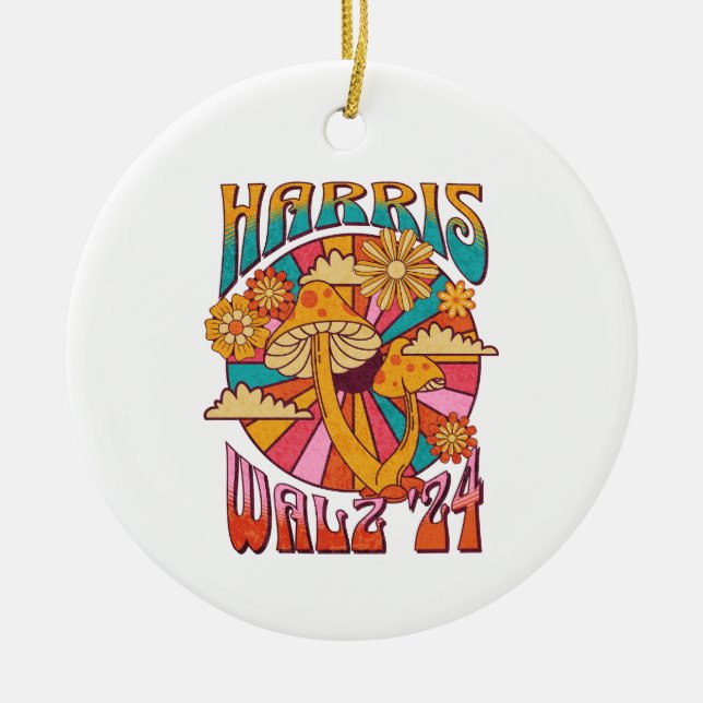 Harris Walz 2024 Trendy Boho Hippie Mushroom Ceramic Ornament (Front)