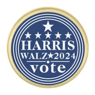 Harris Walz 2024 Vote Blue White Round Political Gold Finish Lapel Pin