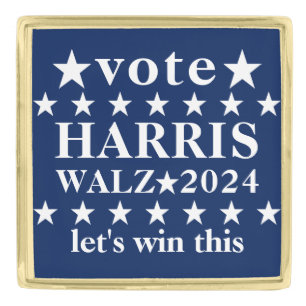 Harris Walz 2024 Vote Blue White Square Political Gold Finish Lapel Pin