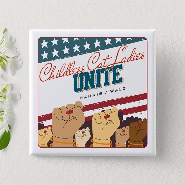 Harris Walz Childless Cat Ladies Unite Fists Button (Creator Uploaded)