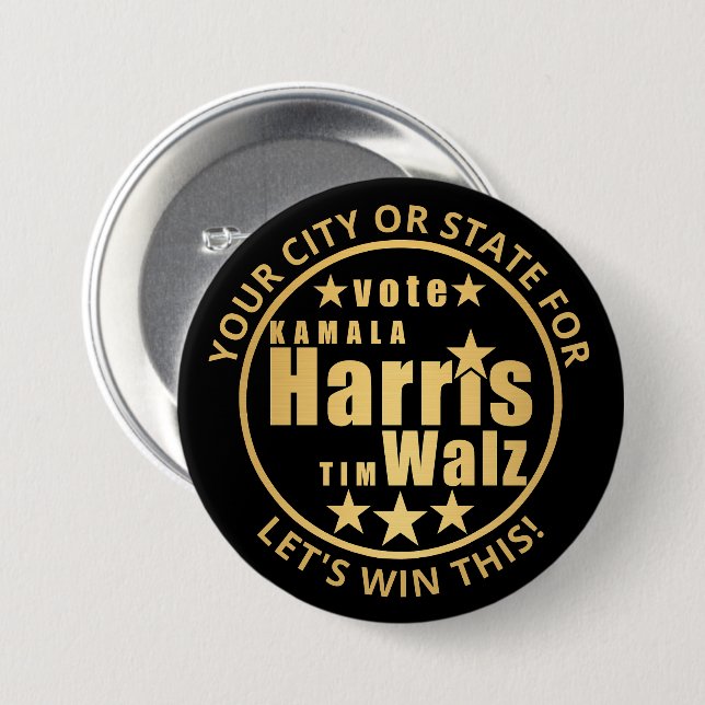Harris Walz Gold Personalized Election Political Button (Front & Back)