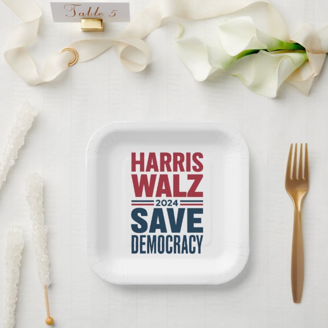 Harris Walz Save Democracy Paper Plates (Wedding)