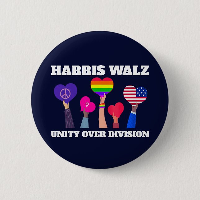 Harris Walz Unity Over Division LGBTQ Dark Blue Button (Front)