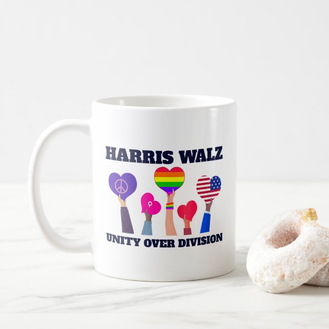 Harris Walz Unity Over Division LGBTQ Dark Blue Coffee Mug (With Donut)