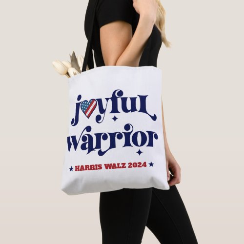 Harris Walz White Joyful Warrior USA Flag Heart Tote Bag