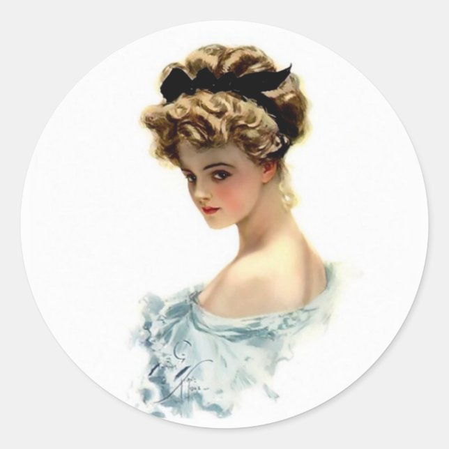 Harrison Fisher Girl  in Blue Classic Round Sticker (Front)