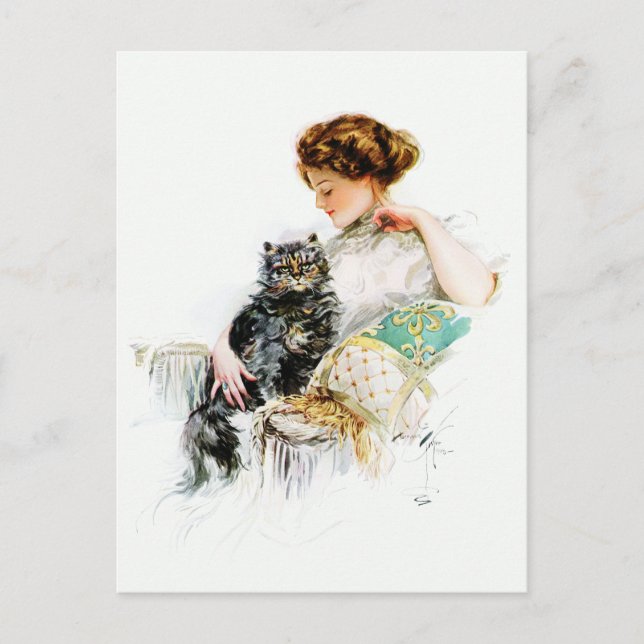 Harrison Fisher: Woman with Cat Postcard (Front)