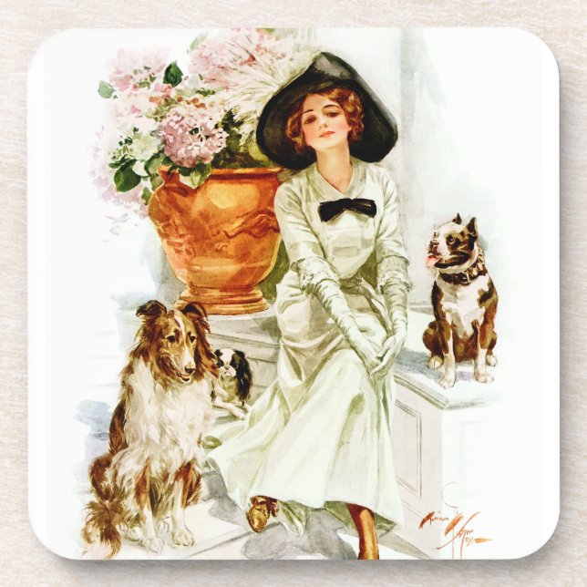 Harrison Fisher: Woman with three Dogs Beverage Coaster (Front)