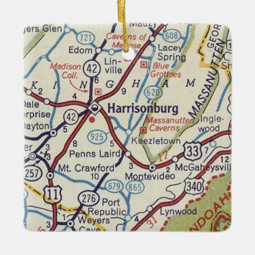 Harrisonburg VA Vintage Map Ceramic Ornament