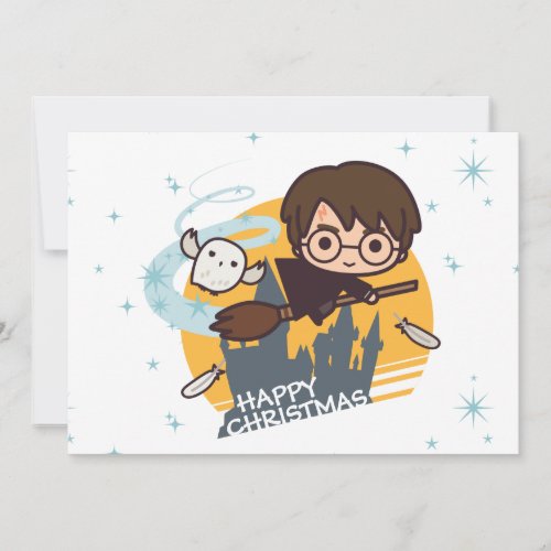 Harry and Hedwig Flying Past Hogwarts Christmas Holiday Card