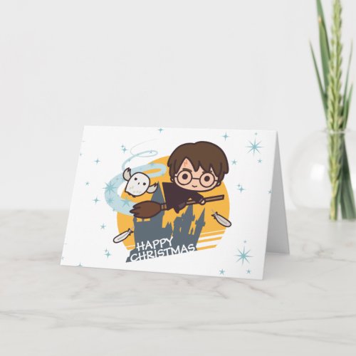 Harry and Hedwig Flying Past Hogwarts Christmas Holiday Card