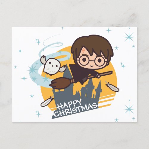 Harry and Hedwig Flying Past Hogwarts Christmas Holiday Postcard