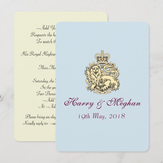Harry Meghan Posh Royal Wedding Invitation (Blue) (Front/Back)