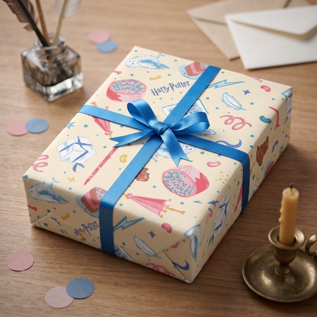 HARRY POTTER™ Birthday Celebration Pattern Wrapping Paper (Simulated present on table)