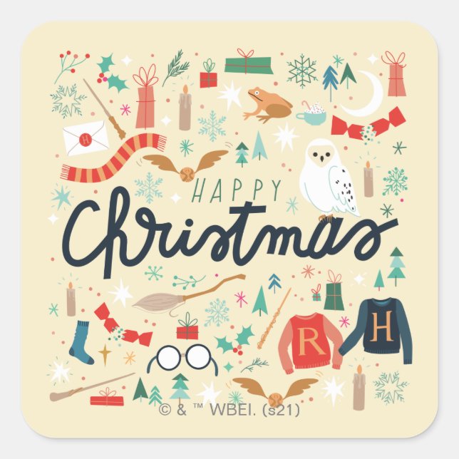 Harry Potter | Happy Christmas With Festive Icons Square Sticker (Front)