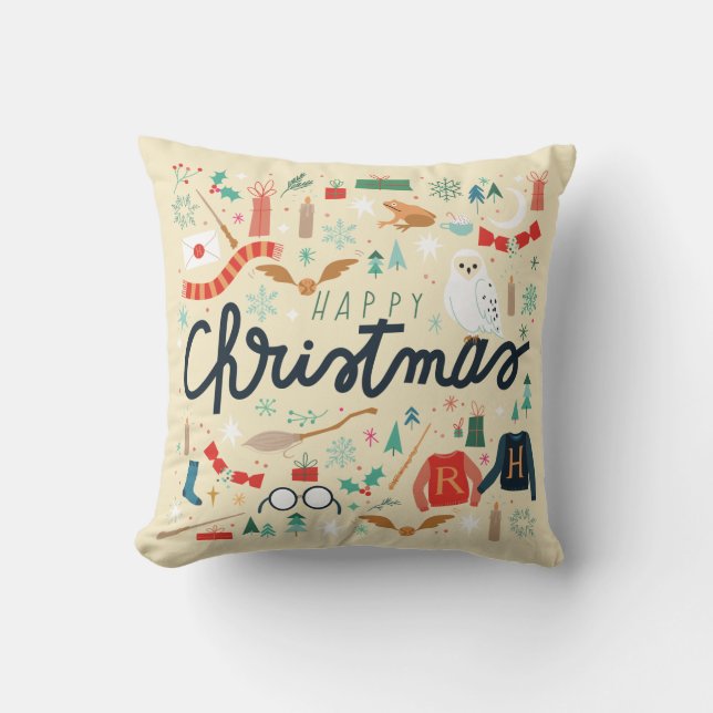 Harry Potter | Happy Christmas With Festive Icons Throw Pillow (Front)