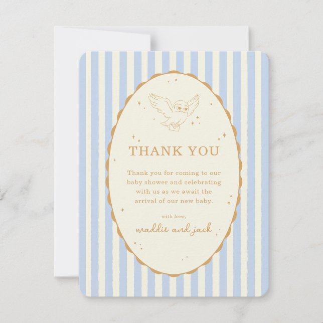 Harry Potter Hedwig Blue Stripe Baby Shower Thank You Card (Front)