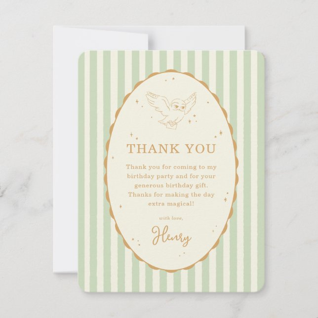 Harry Potter Hedwig Green Stripe Birthday Thank You Card (Front)