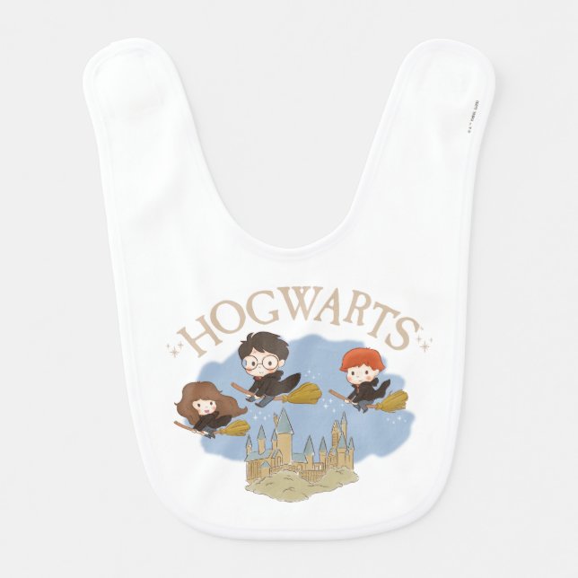 HARRY POTTER™, Hermione, & Ron Fly Over HOGWARTS™ Baby Bib (Front)