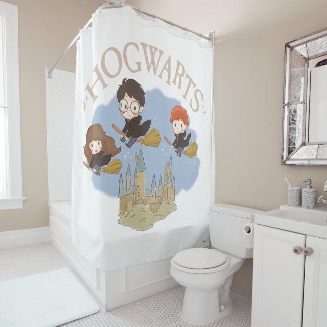 HARRY POTTER™, Hermione, & Ron Fly Over HOGWARTS™ Shower Curtain (In Situ)