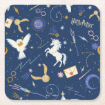 HARRY POTTER™ Summer Solstice Icon Pattern Square Paper Coaster<br><div class="desc">Dive into a starry night of wizarding wonder with this enchanting magical icons pattern. Set against a deep midnight-blue background, this all-over print features a delightful mix of floating letters, golden snitches, wands, glasses, constellations, moons, lightning bolts, unicorns, and soaring owls. The celestial details and scattered sparkles create a dreamy,...</div>