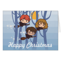 Harry, Ron, & Hermione Flying In Woods Christmas Card