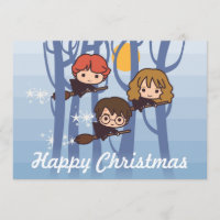 Harry, Ron, & Hermione Flying In Woods Christmas Holiday Card