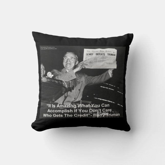 Harry Truman Holding Newspaper “Dewey Loves Truman Throw Pillow (Front)