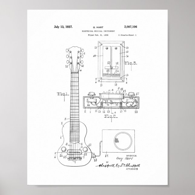 Hart Electric Guitar Pickup Patent Poster (Front)