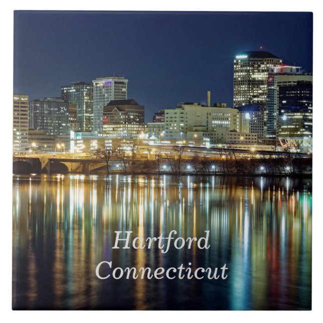 Hartford, Connecticut labeled cityscape photograph Ceramic Tile (Front)