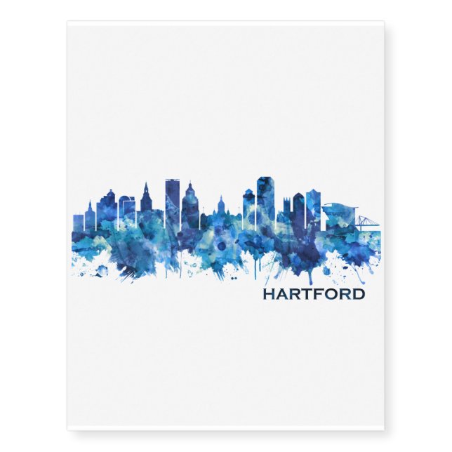 Hartford Connecticut Skyline Blue Temporary Tattoos (Front)