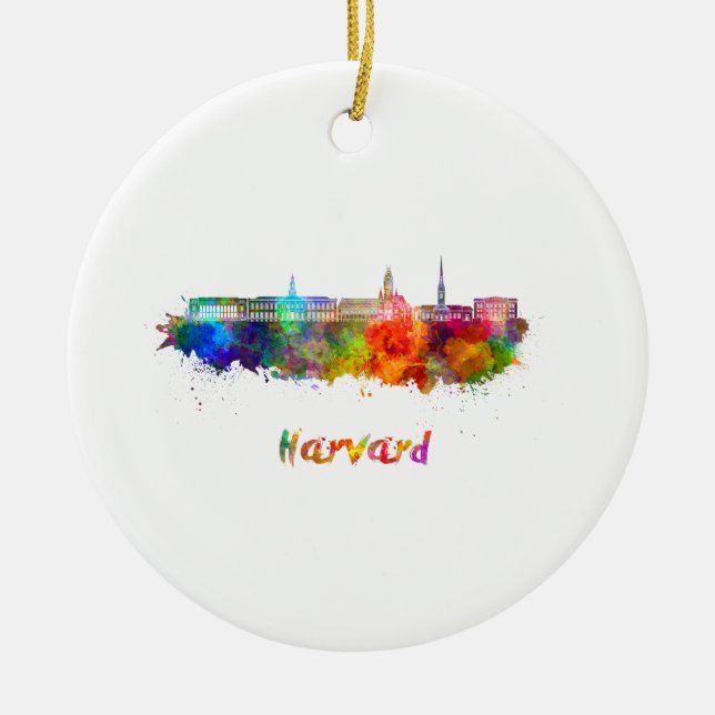 Harvard skyline in watercolor ceramic ornament (Front)