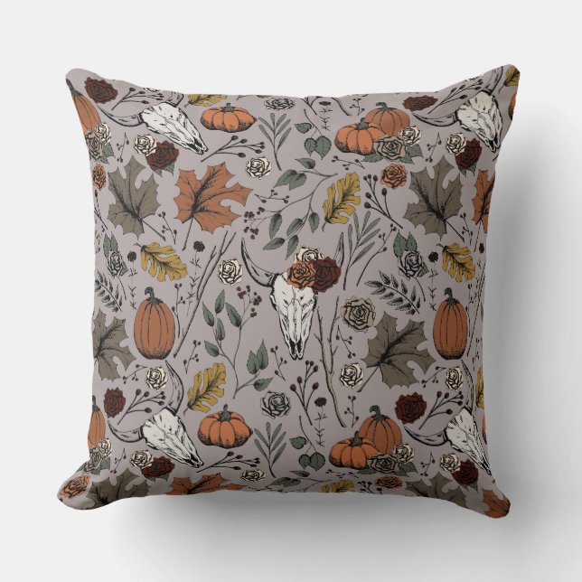 Harvest and Horns Cow Skull Taupe Throw Pillow (Front)