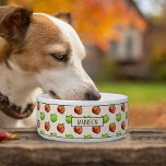 Harvest Autumn Apple Fruits Red And Green Pattern Bowl<br><div class="desc">Destei's pattern of red and green cartoon apple fruits on a very light beige background color. There is also a personalizable text area for a name or other custom text such as "water" or "dinner", for example. The top and bottom have thin black borders framing the design. This design is...</div>