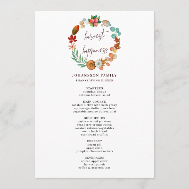 HARVEST AUTUMN PUMPKIN WREATH THANKSGIVING DINNER  MENU (Front)