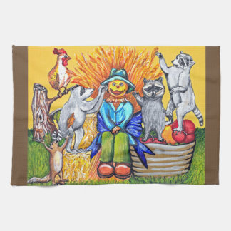 Harvest Autumn Scarecrow Raccoons Squirrel Rooster Kitchen Towel