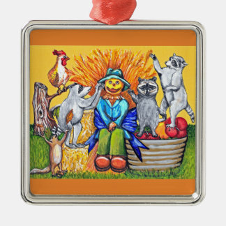 Harvest Autumn Scarecrow Raccoons Squirrel Rooster Metal Ornament
