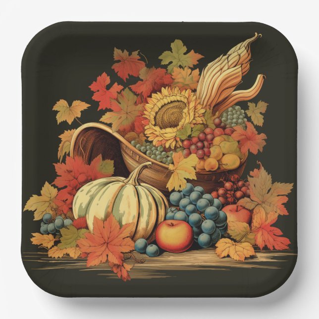 Harvest Blessings Basket: Bountiful Feast Paper Plates (Front)