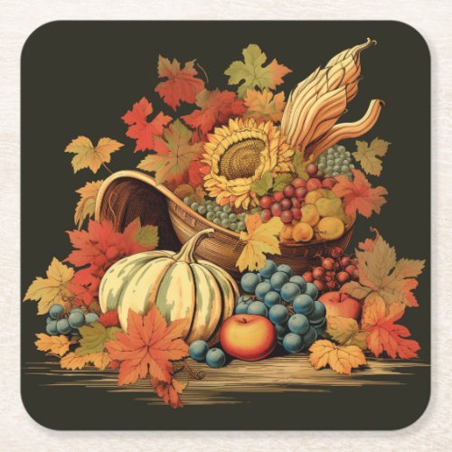 Harvest Blessings Basket Bountiful Feast Square Paper Coaster