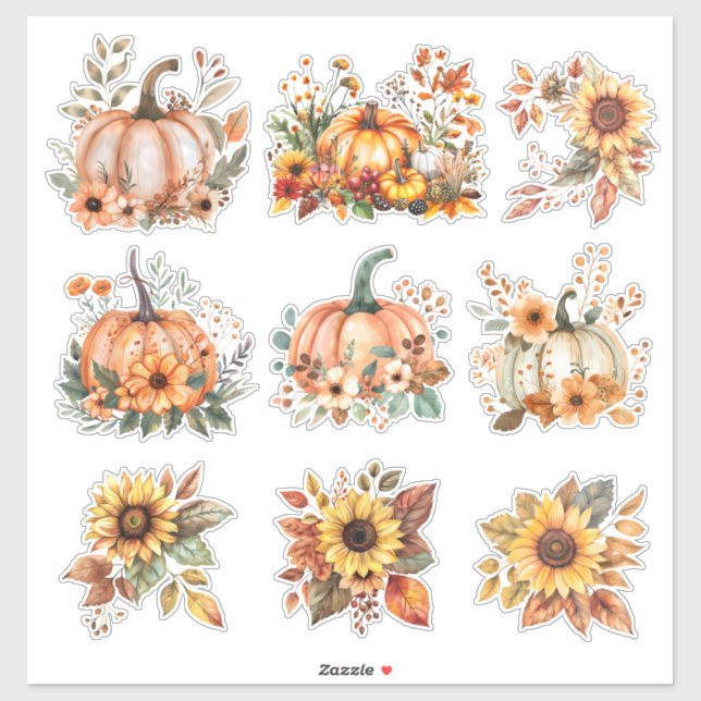 Harvest Blooms – Watercolor Pumpkin & Sunflower  Sticker (Sheet)