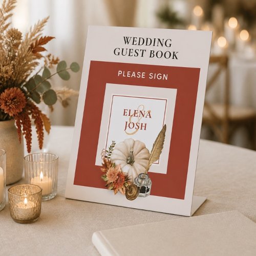 Harvest Chic White Pumpkin Wedding Guest Book Pedestal Sign