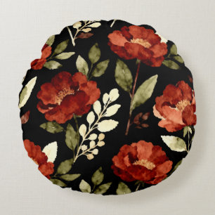 Harvest Ember Pattern   Rust Red & Olive Floral  Round Pillow
