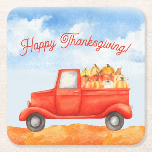 Harvest Fall Autumn Truck Happy Thanksgiving Square Paper Coaster