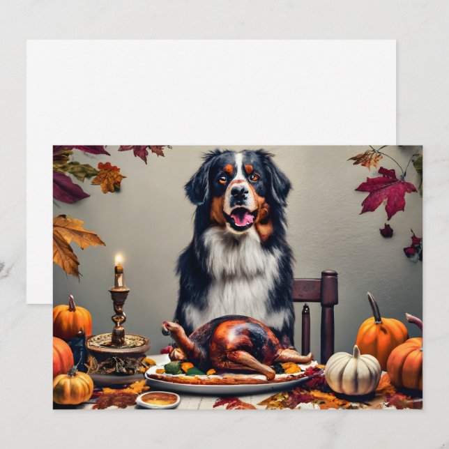Harvest Feast with Bernese Dog Happy Thanksgiving Holiday Card (Front/Back)
