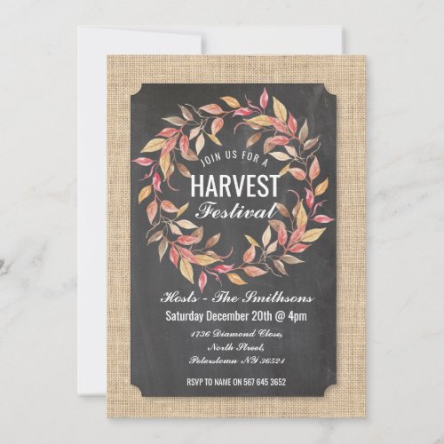 Harvest Festival Fall Chalk Burlap Leaf Wreath Invitation