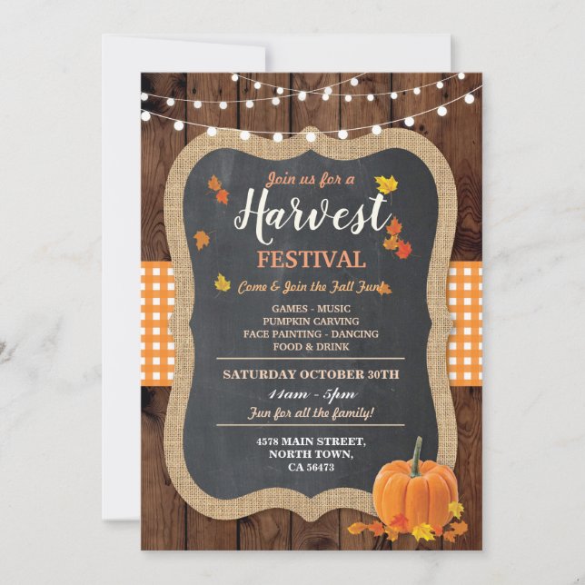Harvest Festival Pumpkin Event Chalk Gingham Invitation (Front)