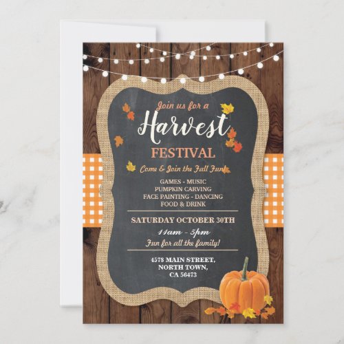 Harvest Festival Pumpkin Event Chalk Gingham Invitation