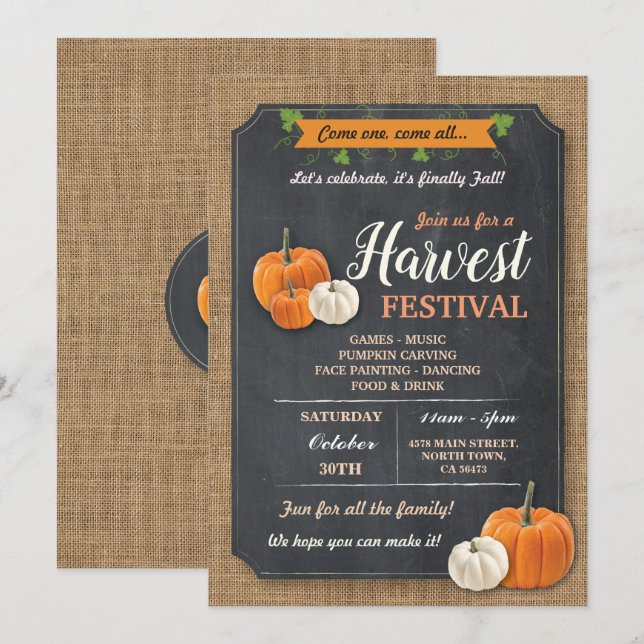 Harvest Festival Pumpkin Rustic Chalk Invite (Front/Back)